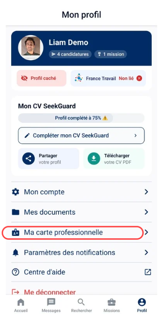 Écran de Profil avec la section Ma carte professionnelle mise en évidence
